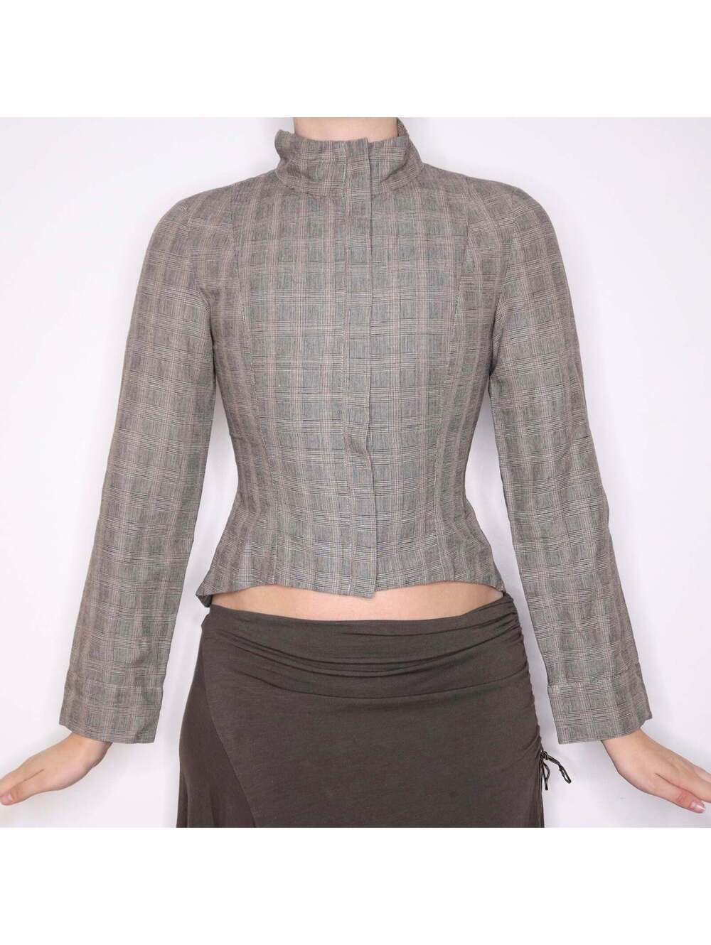 Y2K SARAH PACINI Plaid Linen Blend Zip Up Top (S)